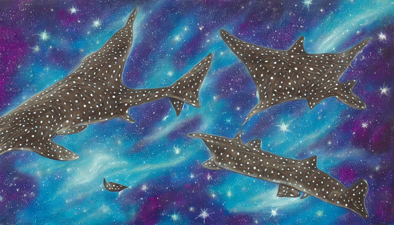 Image similar to oil painting of one whale shark flying in front of a colorful swirling galaxy, shimmering stars, milky way