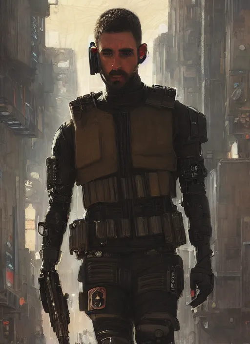 Image similar to 🤿🎧🚧 cyberpunk police trooper in a military vest ( blade runner 2 0 4 9, cyberpunk 2 0 7 7 ). orientalist portrait by john william waterhouse and james gurney and theodore ralli and nasreddine dinet, oil on canvas. cinematic, hyper realism, realistic proportions, dramatic lighting, high detail 4 k