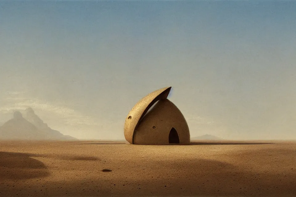 Image similar to a single seashell shaped house, standing in the middle of the desert by john harris