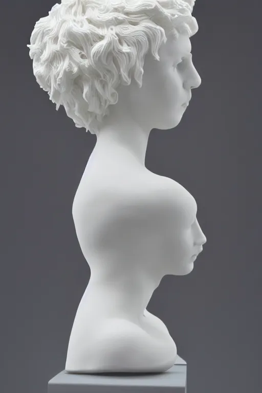 Image similar to full head and shoulders, beautiful female porcelain sculpture by daniel arsham and raoul marks, smooth, all white features on a white background, hair piled high like ice - cream, delicate facial features, white eyes, white lashes, detailed white,