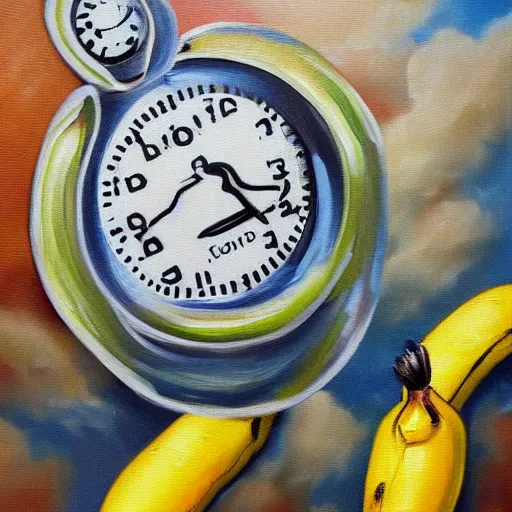 Image similar to oil painting impressionist stopwatch and banana flying through the air, flies, whimsical, detailed,