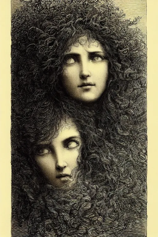 Image similar to extreme close-up, hair fully covers a woman\'s face, forest background, Gustave Dore lithography