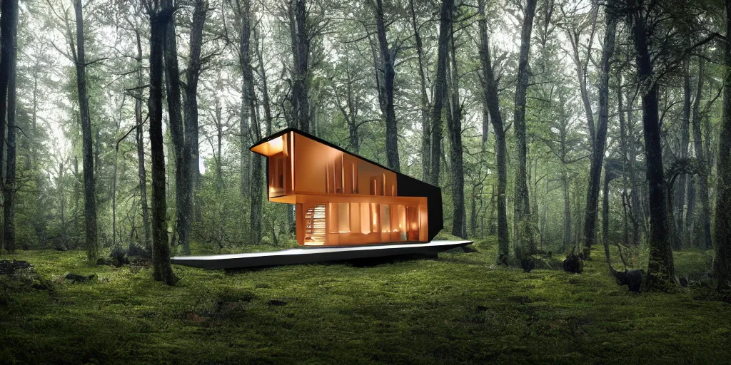 Image similar to modern tiny house in an ominous forest designed by zaha hadid, cinematic lighting, deep focus, sharp focus, golden ratio, dramatic illumination, hdr, ultra realistic, 8 k, highly detailed, trending on artstation, epic composition, by caravaggio, by artemisia lomi gentileschi