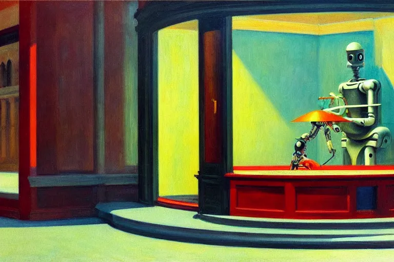 Image similar to beautiful illustration of a robot painting on a canvas by Edward Hopper, colorful octane render