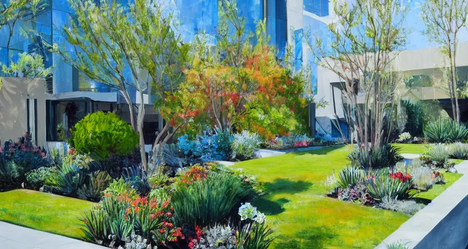 Image similar to an extremely expensive modern home in a very rich neighborhood in San Francisco, beautiful garden out front, modernist design, beautiful painting, oil on canvas, by Ewa Czarniecka, award winning masterpiece,