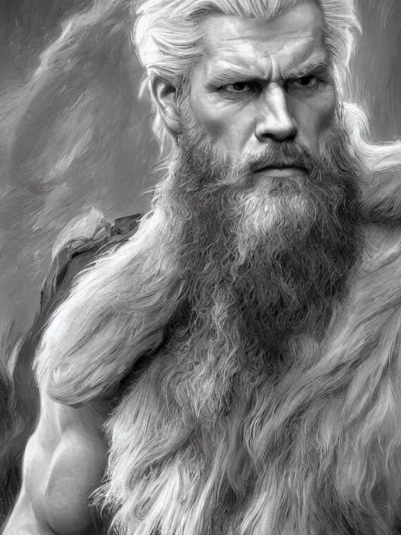 Image similar to painted portrait of rugged odin, god of war, norse god, white hair, masculine, mature, handsome, upper body, grey and silver, muscular, hairy torso, fantasy, intricate, muscular, elegant, highly detailed, digital painting, artstation, concept art, smooth, sharp focus, illustration, art by gaston bussiere and alphonse mucha