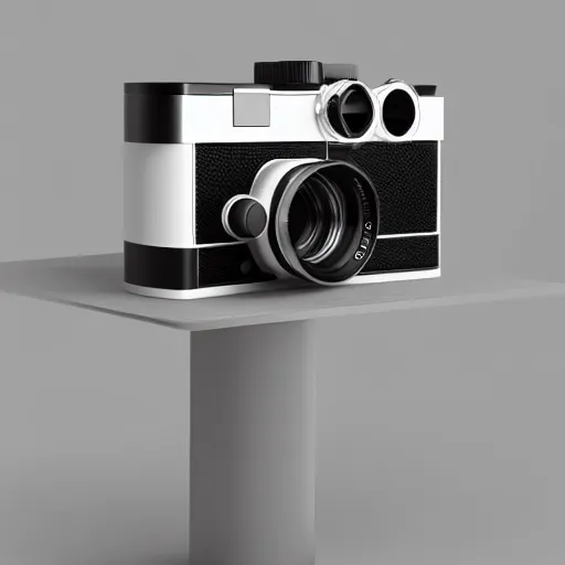 Prompt: from view of Leica rangefinder camera on white background, designed by Dieter Rams, painted by Syd Mead, octane render, keyshot, industrial design, minimalism