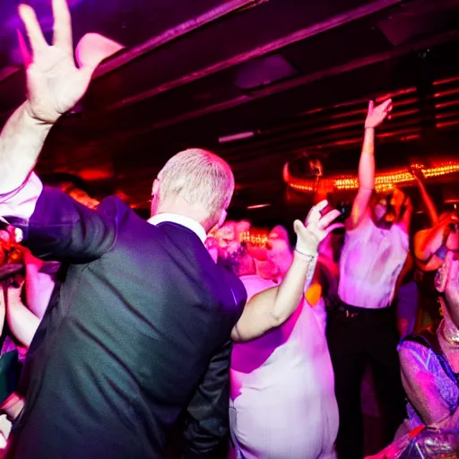 Image similar to prince andrew dancing in a nightclub, sweaty, wide angle, 14mm