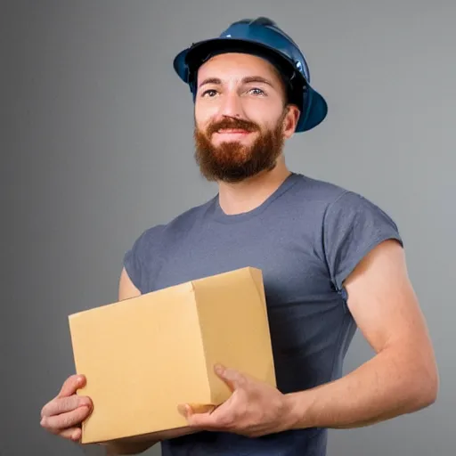 Image similar to an potrait of man with construction hat holding a package, the picture inside a photo frame, oil painting, 4K