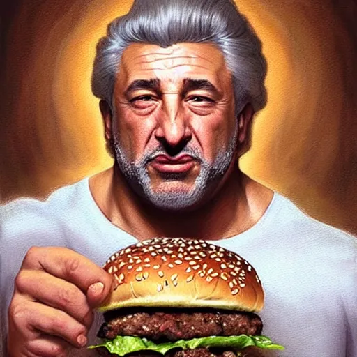 Image similar to portrait of Swol Gigachad Robert Deniro eating hamburgers, extra onions and ketchup, luscious patty with sesame seeds, feminine ethereal, handsome, D&D, fantasy, intricate, elegant, highly detailed, digital painting, artstation, concept art, matte, sharp focus, illustration, art by Artgerm and Greg Rutkowski and Alphonse Mucha