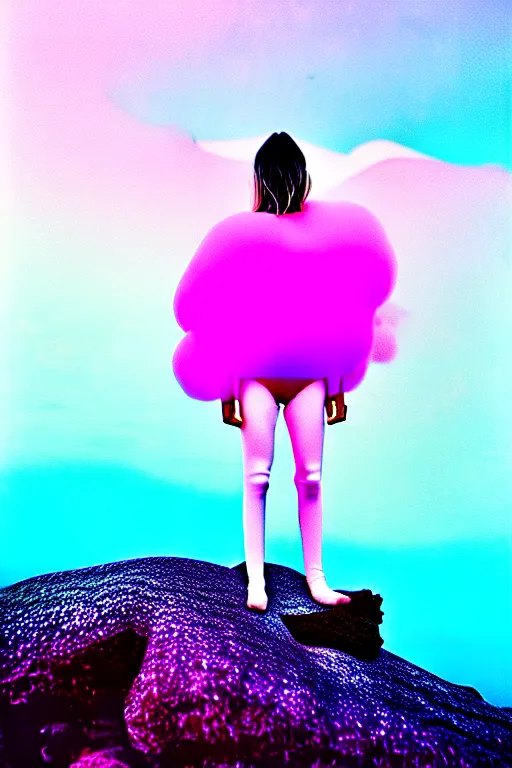 Image similar to high quality pastel coloured film close up wide angle photograph of a model wearing clothing swimming on cloud furniture in a icelandic black rock!! environment in a partially haze filled dreamstate world. three point light, rainbow. photographic production. art directed. pastel colours. volumetric clouds. pastel gradient overlay. waves glitch artefacts. extreme facial clarity. 8 k. filmic.