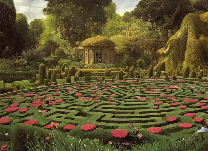 Image similar to jim henson's labyrinth. hedge maze. three stone - lined ponds lie in a large circular clearing. edgar maxence and caravaggio and michael whelan and delacroix style, artistic, intricate painting, cinematic lighting, hyper realistic, extremely detailed, vivid colors, establishing shot, dramatic lighting