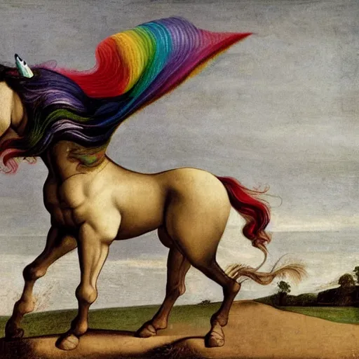 Prompt: a unicorn walking on rainbow in the style of caravaggio