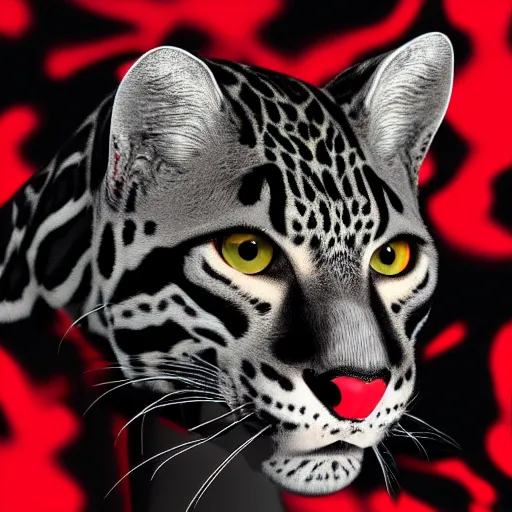 Image similar to profile shot of a black and red ocelot with black background, high contrast, octane render, abstract, 4k