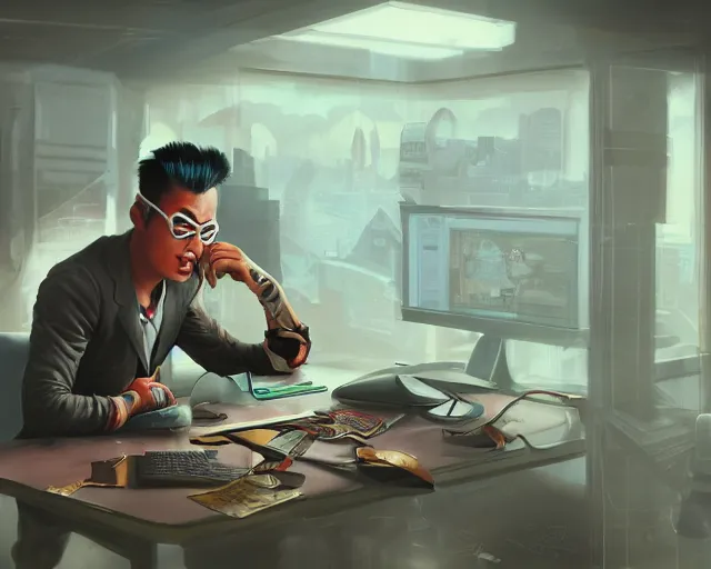 Image similar to an insanely detailed painting of a nerdy asian man wearing a superhero costume, sitting at a desk, staring at the nervously at the computer and typing, in the style of peter mohrbacher, dramatic lighting and composition, octane render, pixar, trending on artstation, concept art, comic book, view from behind