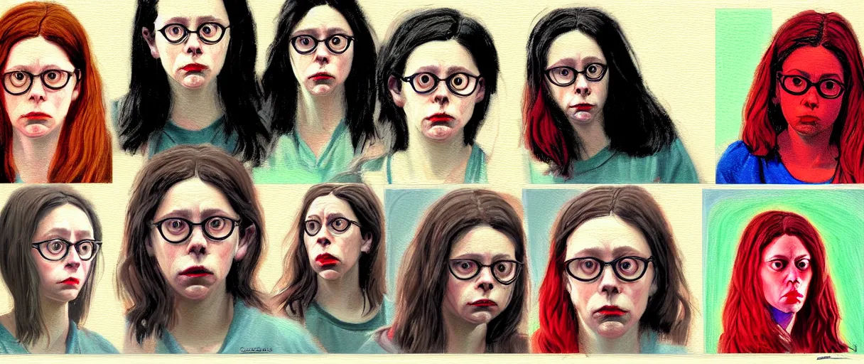 Image similar to colored oil painting character study of female todd solondz | vivid colors : storyboard, dramatic and emotional, concept design, realistic. by gabriel hardman, joe alves, j. todd anderson, chris bonura. cinematic atmosphere, detailed and intricate, perfect anatomy