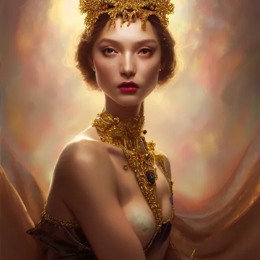 Prompt: expressive oil painting, of alluring european princess, seductive look, smooth glowing skin, glistening body, love, adoration, ornate headpiece made from beads, glamour shot, full body, by yoshitaka amano, by greg rutkowski, by jeremyg lipkinng, by artgerm, digital art, octane render, white dress