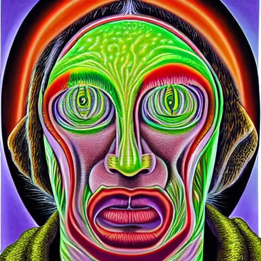 Image similar to Alex grey painting of popping a zit