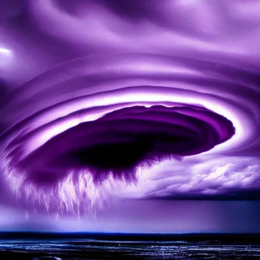 Image similar to amazing photo of purple clouds in the shape of a tornado, digital art, beautiful dramatic lighting