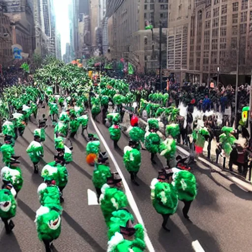 Image similar to a parade of stuffed animals marching down 5 th ave manhattan on st. patrick's day, 8 k, photo realistic, extremely life like