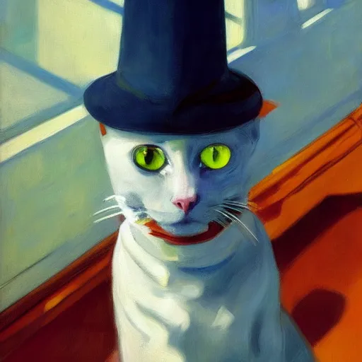 Prompt: a futuristic robotic cat wearing a hat, a highly detailed edward hopper painting, by adrian ghenie and gerhard richter. art by sorolla. masterpiece, flat surreal design with deep colours. 8 k. artstation