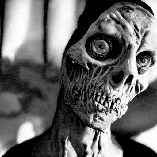 Image similar to real life irradiated undead acute radiation sickness flaking and melting skin 1950s nuclear wasteland black and white award winning photo highly detailed, highly in focus, highly life-like, facial closeup taken on Arriflex 35 II, by stanley kubrick
