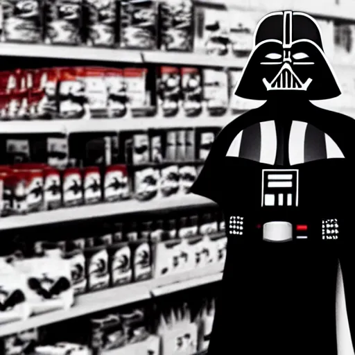 Prompt: security camera footage of darth vader shopping in an convenience store, filmic, cinematographic