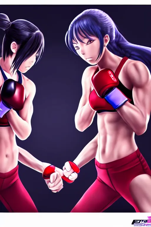 Image similar to two beautiful identical female fighters facing each other in the gym, dimly lit lighting, gorgeous features, sharp focus, detailed digital anime art