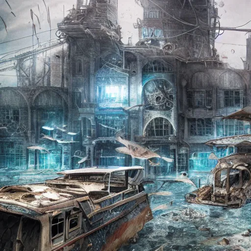 Image similar to An abandoned city under water, horror, liminal, hyper detailed, dramatic lighting, CGsociety, realistic, fish, hyper detailed, insane details, intricate, dramatic lighting, hypermaximalist, golden ratio, rule of thirds, octane render, weta digital, micro details, ultra wide angle, Artstation trending, 8k,