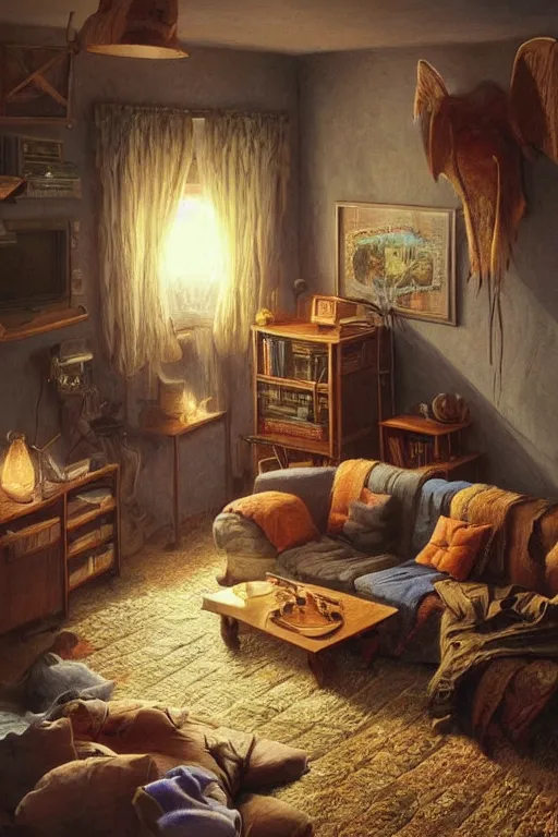 Prompt: a simple cozy living room at home by, tim hildebrandt, wayne barlowe, bruce pennington, trending on artstation, cinematic composition, beautiful lighting, hyper detailed to the very last detail, 8 k, oil on canvas