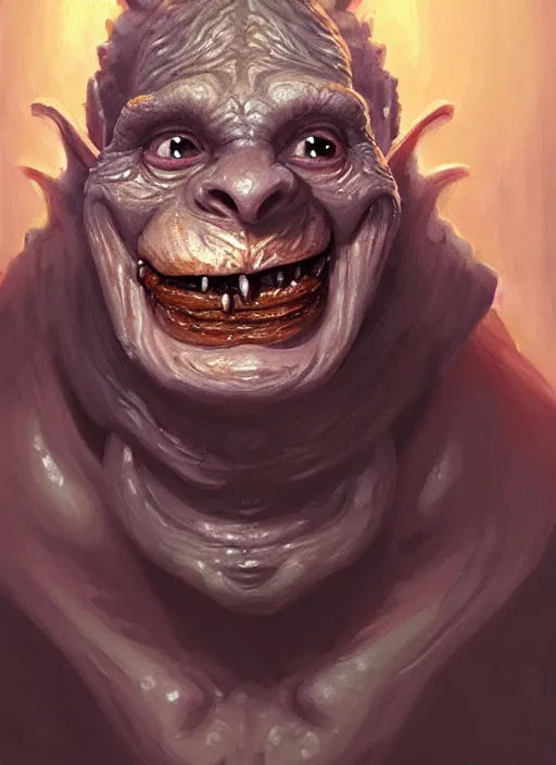 Image similar to profile face portrait of a medieval goblin eating cakes in the cloisters, beautiful face, hyper realistic, highly detailed, digital painting, artstation, illustration, concept art by hyung tae and frank frazetta, digital paint, matte paint, washed colors, dark, gloomy