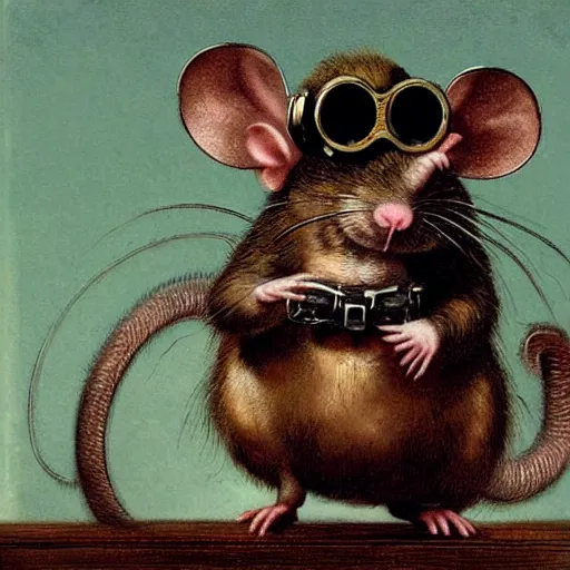 Image similar to a rat with steampunk googles, by John Martin