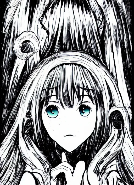 Image similar to hatsune miku by junji ito and kentaro miura, horror manga, detailed, eerie