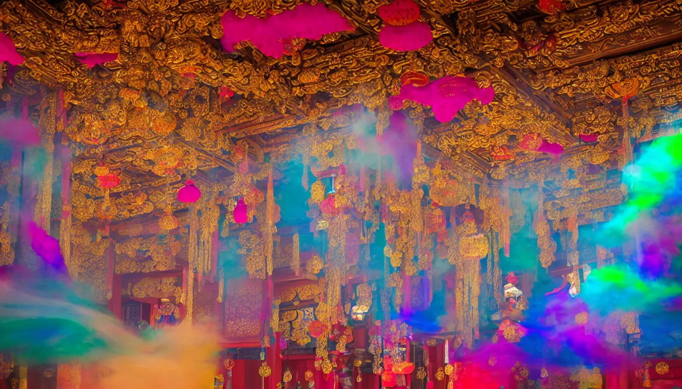 Prompt: burst powders ,volumetric lighting, twisting vapour ,flowing shimmering brilliant colourful fabrics, emerging sounds and an ancient male bearded face , inside a huge traditional Japanese Royal ornate temple , full colour , upscale , 4k