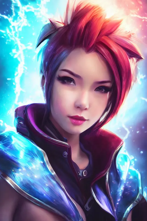 Prompt: portrait art of vi from league of legends, 8 k ultra realistic, digital art, character portrait, highly detailed, trending on artstation, lens flare, atmosphere, hyper realistic, cinematic lightning, sharp focus, unreal engine 5, extreme details perfect face, pretty face, fine - face, illustration, 8 k, ultra texture, masterpiece