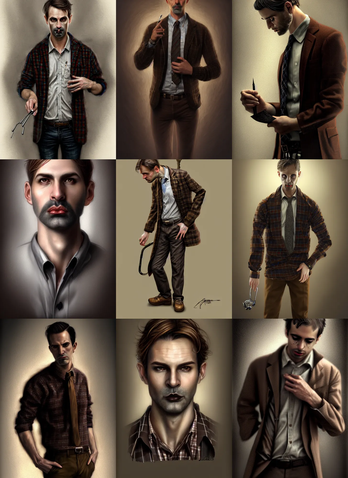 Prompt: male surgeon, brown hair, khakis, plaid shirt, gothic, moody, noir, diffuse lighting, fantasy, intricate, elegant, highly detailed, lifelike, photorealistic, digital painting, artstation, illustration, concept art, smooth, sharp focus, art by John Collier and Albert Aublet and James jean and Brian froud and ross tran and Artem Demura and Alphonse Mucha