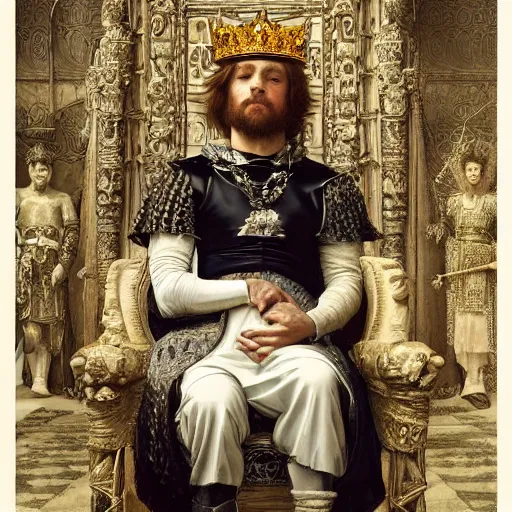 Prompt: Medieval king on a throne by Edgar Maxence and Caravaggio and Michael Whelan, artistic, intricate drawing, realistic fantasy, extremely detailed and beautiful aesthetic face, postprocessed, 8k resolution, dramatic lighting