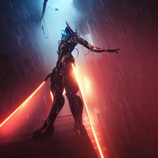 Prompt: photo of tenno from warframe in the style of stefan kostic, realistic, cyberpunk, neon, nighttime, rain storm, body shot, sharp focus, 8 k high definition, insanely detailed, intricate, elegant, art by stanley lau and artgerm, floating embers