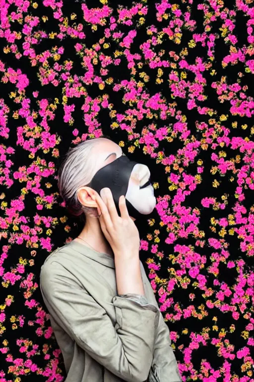 Image similar to a surreal portrait of a woman wearing gas mask blending into a wall of black flowers in the style of brooke didonato, editorial fashion photography from vogue magazine, full shot, nikon d 8 1 0, ƒ / 2. 5, focal length : 8 5. 0 mm, exposure time : 1 / 8 0 0, iso : 2 0 0