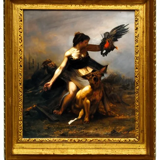 Prompt: the hellhound, oil on canvas in the style of Romanticism by Eugène Delacroix