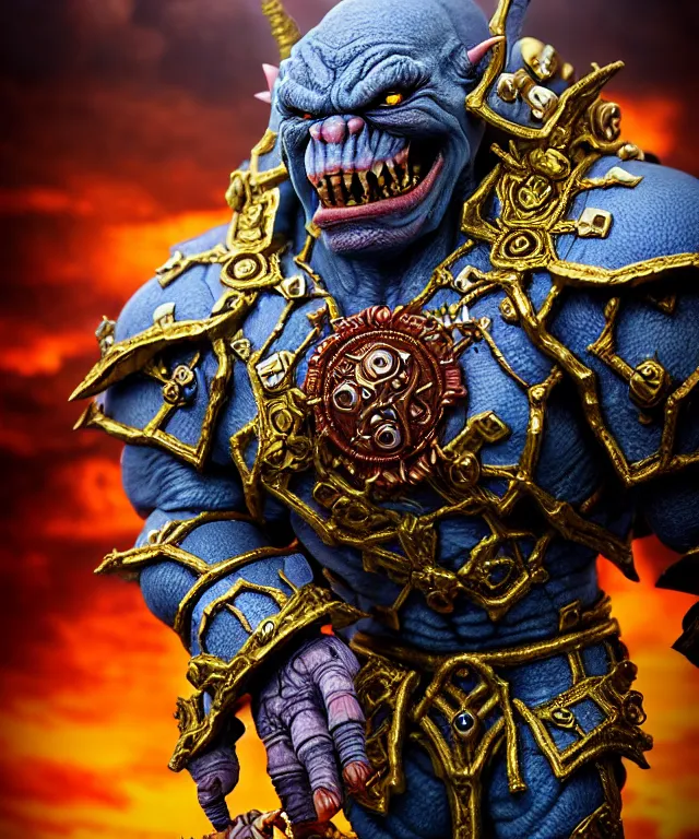 Image similar to hyperrealistic rendering, epic ornate supreme orc goblin overlord, jewel crown, war armor battle, by art of skinner and richard corben, product photography, collectible action figure, sofubi, hottoys, storm clouds, outside, lightning