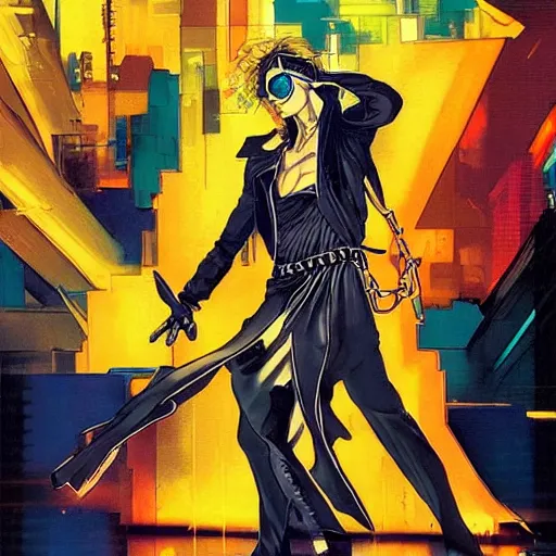 Prompt: portrait of the hacker cyberpunk magician in a dramatic jojo pose tarot card, golden blue outfit, oil on canvas by yoji shinkawa and esao andrews and raoul ruiz