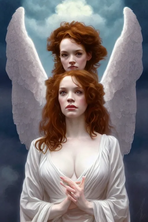 Image similar to symmetrical!! looking at the camera!!! a portrait of an angel young christina hendricks wearing a white silky dress, upper body, concept art, deep focus, sky, heaven, clouds, intricate, highly detailed, digital painting, artstation, matte, sharp focus, illustration, art by greg rutkowski and alphonse mucha