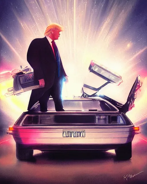 Image similar to donald trump and doc emmett brown in a flying delorean, neon lights, illustration, rim light, top light, perfectly shaded, spring time, slight overcast lighting, soft painting, art by krenz cushart and wenjun lin
