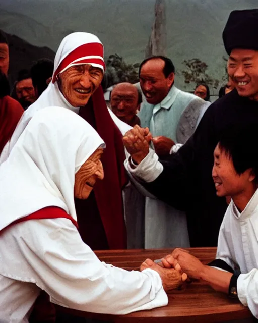 Prompt: mother Teresa arm wrestling genghis khan