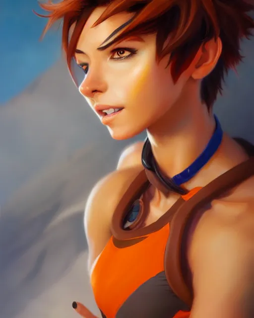 Prompt: tracer running wearing orange halter top, perfect face, brown hair, abs, cinematic, stunning, cute, adorable, strong, highly detailed, psychedelic, digital painting, artstation, smooth, hard focus, illustration, art by jessica rossier and and brian froud