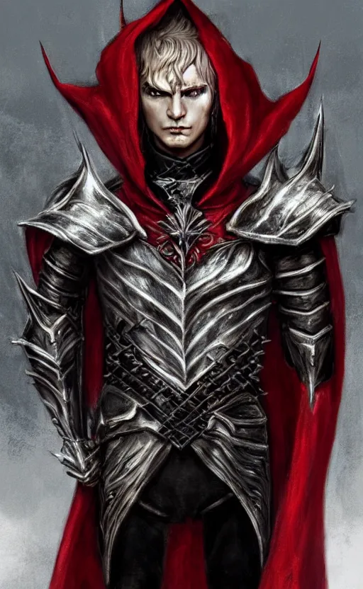 Image similar to A portrait of a male elf, 20 years old, short silver hair, red eyes, wearing a spiked black metal crown, black heavy armor with gold trim, and a red cape, lean but muscular, attractive, command presence, royalty, weathered face, smooth, sharp focus, illustration, concept art, highly detailed portrait, muscle definition, fantasy painting, ArtStation, ArtStation HQ