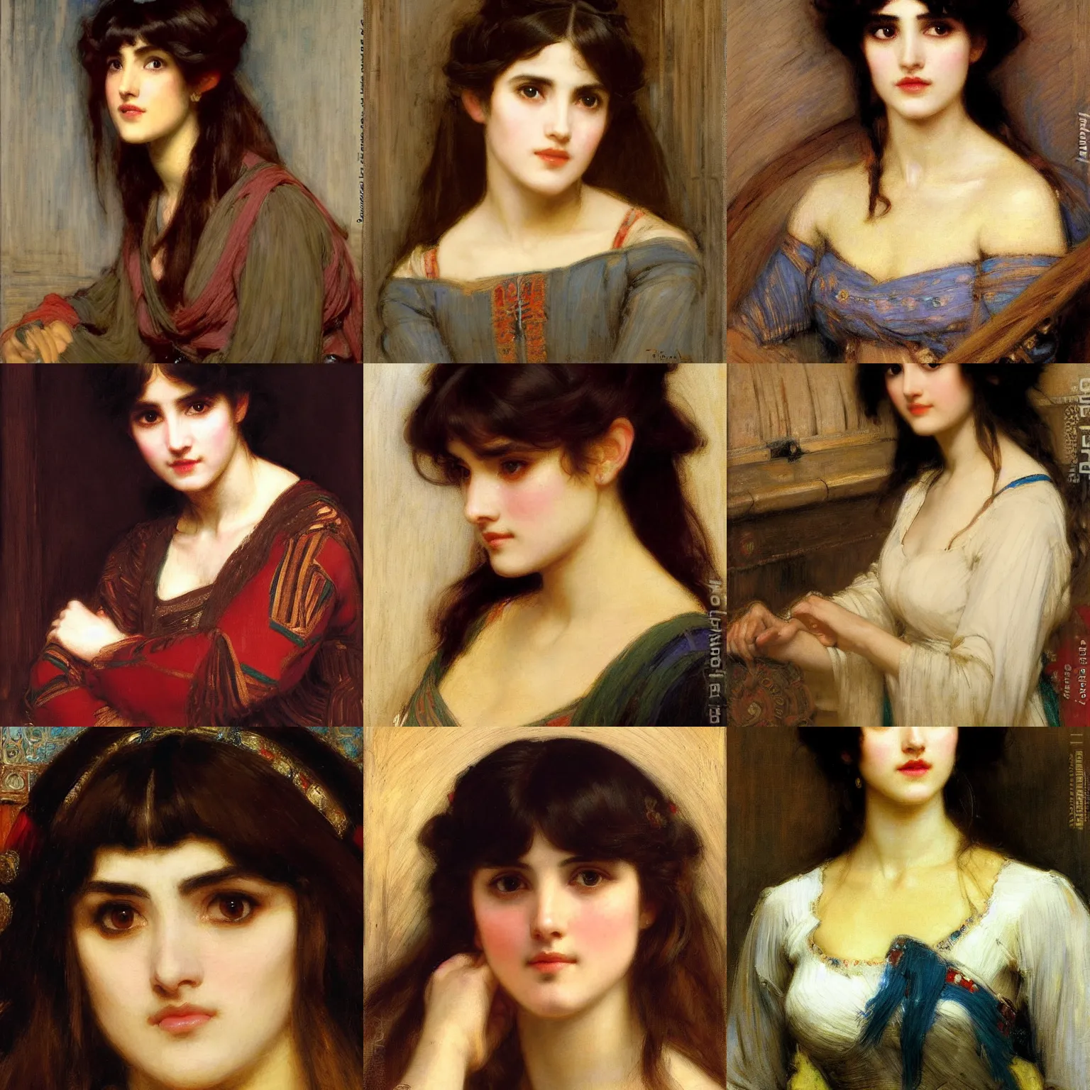 Prompt: orientalism portrait of a cute woman with bangs and dark curls face detail by john william waterhouse and theodore ralli and nasreddine dinet and thomas lawrence, masterful intricate artwork, excellent lighting, high detail 8 k