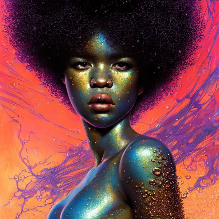 Prompt: ultra detailed illustration of a angry afro american girl covered in a sea of liquid chrome, metal material, lost in a dreamy oriental realm by Karol Bak, Ruan Jia, Moebius, hiroshi yoshida, Druillet, colorful, front view, vivid colors, 8k, coherent, anime vibes, uplifting, magical composition, artstation, synthwave, 8k, coherent, artgerm, uplifting, magical composition, artstation