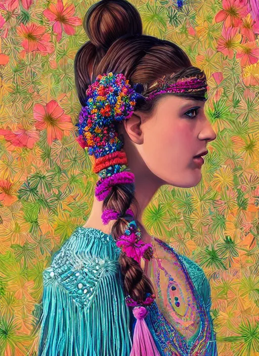 Image similar to beautiful portrait of a mediterranean female wearing fantastic Hand-dyed cotton dress, embellished beaded feather decorative fringe knots ,colorful pigtail,subtropical flowers and plants,symmetrical face,intricate,elegant, highly detailed, 8k,post-processing,digital painting, trending on pinterest, arper's bazaar,concept art, sharp focus, illustration, by artgerm,Tom Bagshaw,Daniel Gerhartz,Albert Aublet,Lawrence Alma-Tadema